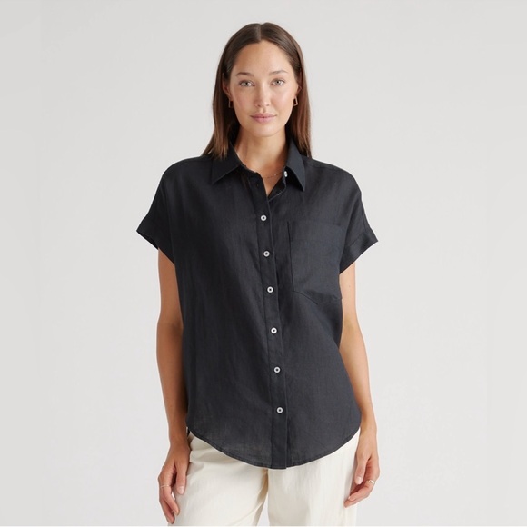 Quince Tops - NWT QUINCE Women's Black Button-Up 100% European Linen Camp Shirt Sz L